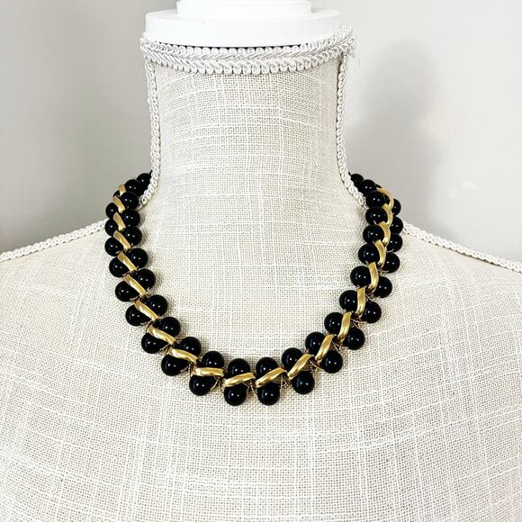 Monet Vintage Black Bead & Gold Tone Collar Necklace - Picture 1 of 9